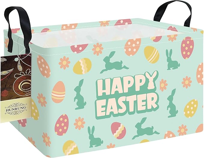 Rectangle Canvas Foldable Storage Basket for Nursery, Green Easter Egg | Portable and collapsible cloth receptacle. Stores pet essentials, daily use items. Folds flat when not in use