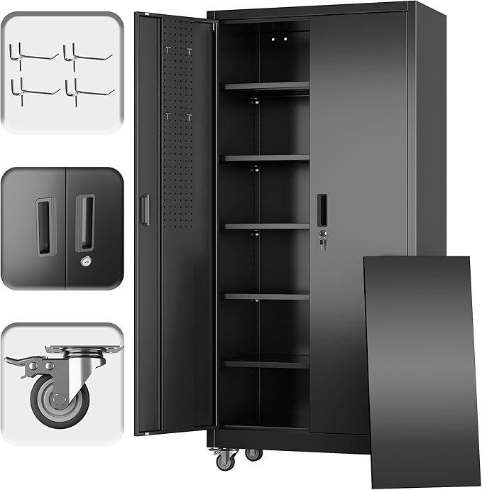 Reemoon Metal Storage Cabinet with Wheels and Pegboard, 71 in, Black | 18 in deep steel cabinet with 5 adjustable shelves, door pegboard, lock, and 4 casters.Required assembly