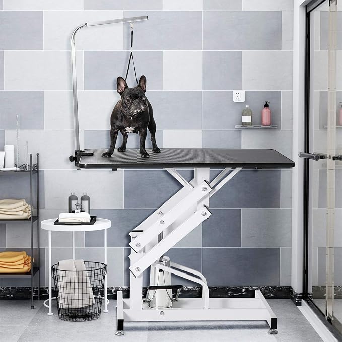 Hydraulic Dog Grooming Table for Small/Large Dogs, Heavy Duty Professional Pet Grooming Table with Adjustable Overhead Arm and Noose, Range 21-36 Inch, 43''/Black