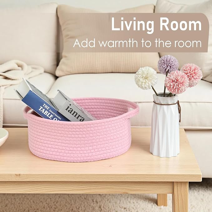 JMvicyroam Small Woven Basket, Empty Gift Basket, Pink/2 Pack | Small Gift Basket, Cotton Rope, 12 x 8 x 43 in, Handles, Includes Ribbon and Bag, Birthday Gift Basket