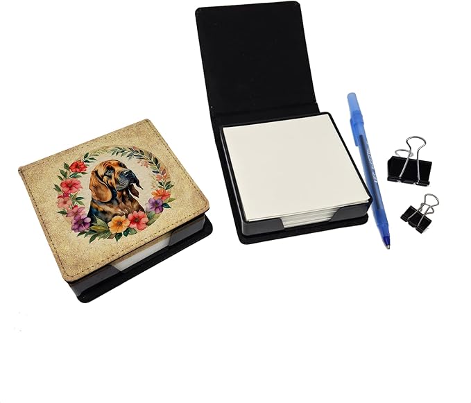 Caroline's Treasures Bloodhound and Flowers PU Leather Note Paper Holder with Artist-Designed Cover, Desk Accessory, Office Gift