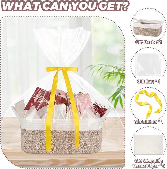 OIASKET Gift Basket Empty with Handle, Small Woven Baskets for Gifts Empty | 13.6"x10"x5.9", Baby Shower Toy Storage Baskets, Dog Toy Storage for Organizing, with Gift Bag Ribbon Tissue Paper