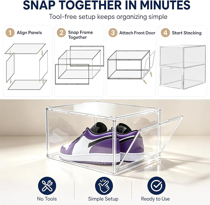 12 Pack Clear Acrylic Shoe Boxes Fit Size 12, Front Door for Small Closets | 10.2 x 13.4 x 7.5 in stackable shoe display case for apartments, dorms, entryways and compact closets. Fits up to US size 12
