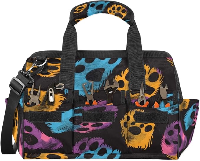 Dogs Cat Pet Paw Heavy Duty Tool Bag for Men Garden Engineer Electrician Carpenter Sturdy Portable Tool Box Organizer Storage with Handle Pockets Strap 15 Inch