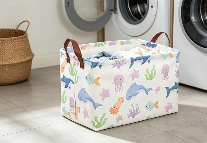 Essme Rectangular Basket, Storage Basket with Handles for Room Decor,Ocean Storage Bin（Ocean）