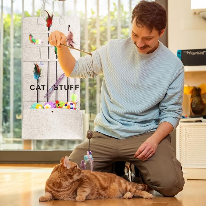 ZAVOOS 2 Pack Cat Wand Toy Storage Bag, Wall Hanging Organzier | Cat Teaser Holder with Handle, Durable Pet Toy Organizer Bag for Indoor Neatly Organizing Pet Supplies, Feline Safety