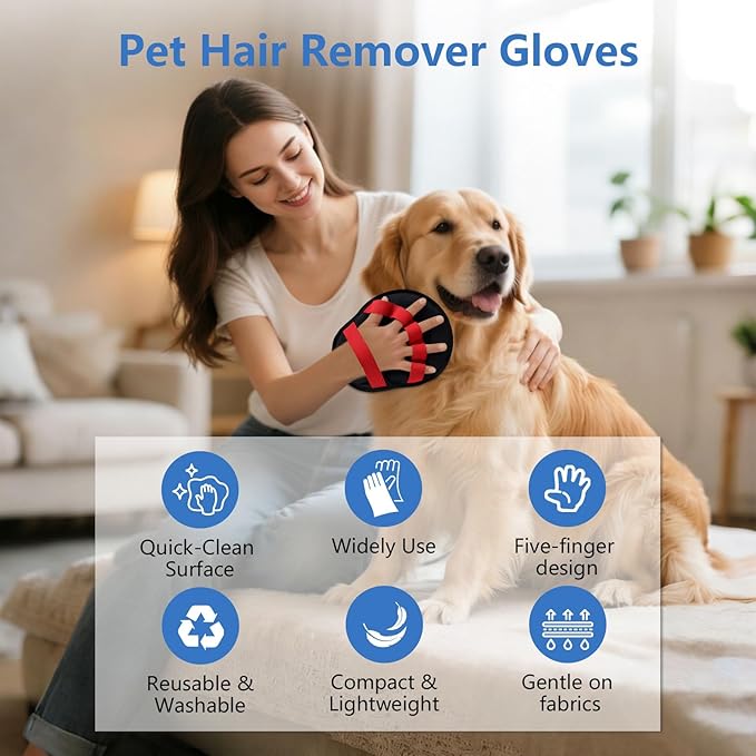 Pet Hair Removal Glove for Dogs & Cats, Reusable Washable Electrostatic Pet Hair Remover Glove, Pet Hair Mitt with Finger Straps for Couch, Carpet, Car Seats, Clothes, Furniture, Red