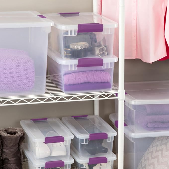 Sterilite ClearView Latch Boxes, Storage Bins with Lids, 15 Quart, 48-Pack | Clear Plastic Organizers with Color Accent Latches for Closet, Bedroom, Shelving Units, Dorm Room and Home Organization