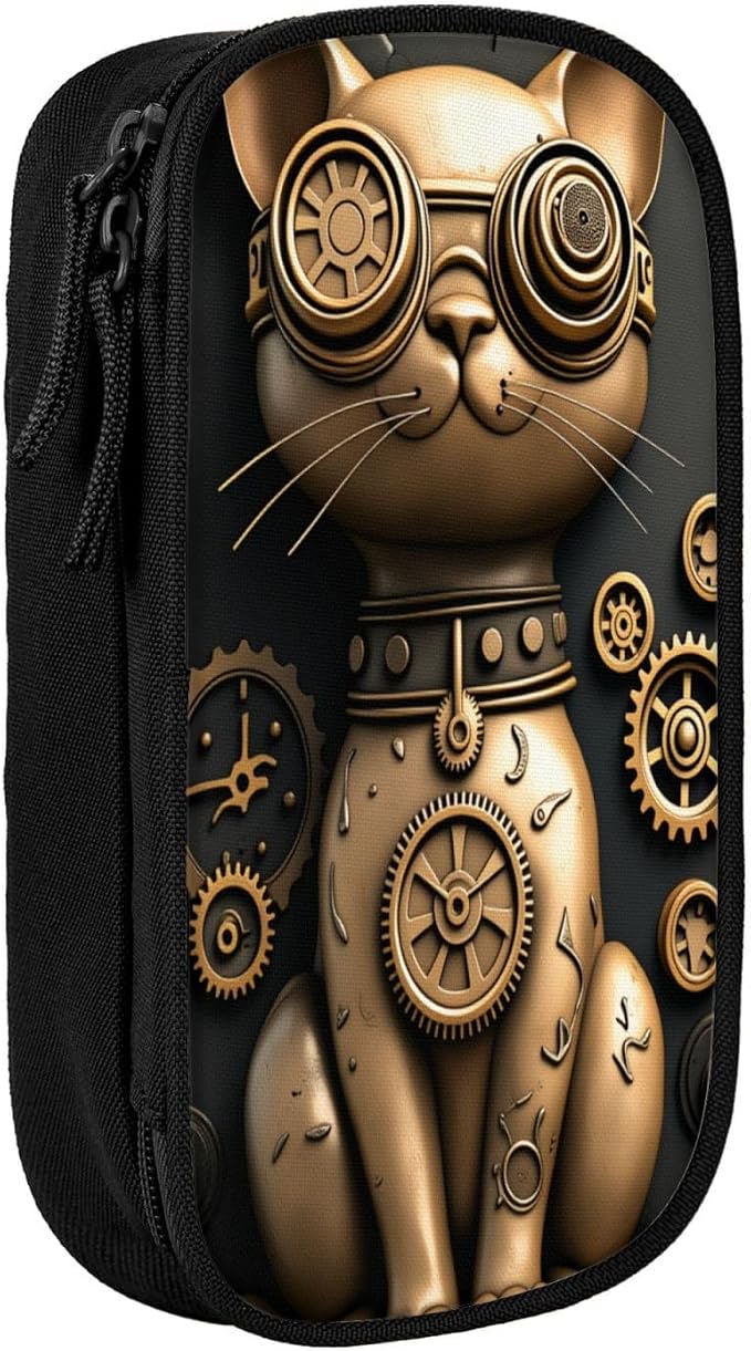 Steampunk Cat Pencil Pouch, Oxford Cloth Pen Case With Double Zipper Compartments, Portable Stationery Organizer For Office Supplies, Travel Accessories Makeup Items