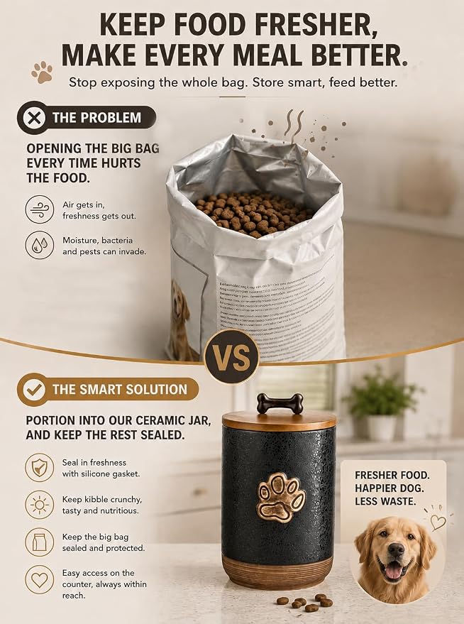 Miamolo Dog Treat Storage Container for Kitchen Counter, Lock in Freshness | Ceramic Jar with Airtight Seal Lid, Puppy Treats Food Canister | Farmhouse Decor, Doggie Cookie Jar Gift, Paw Glinting Black
