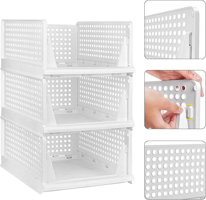 This Foldable Stackable Clothes 3-Tier Drawer Storage Shelf for Bedroom Kitchen Living Room Bathroom Office – White H-18cm Space-Saving Solution.