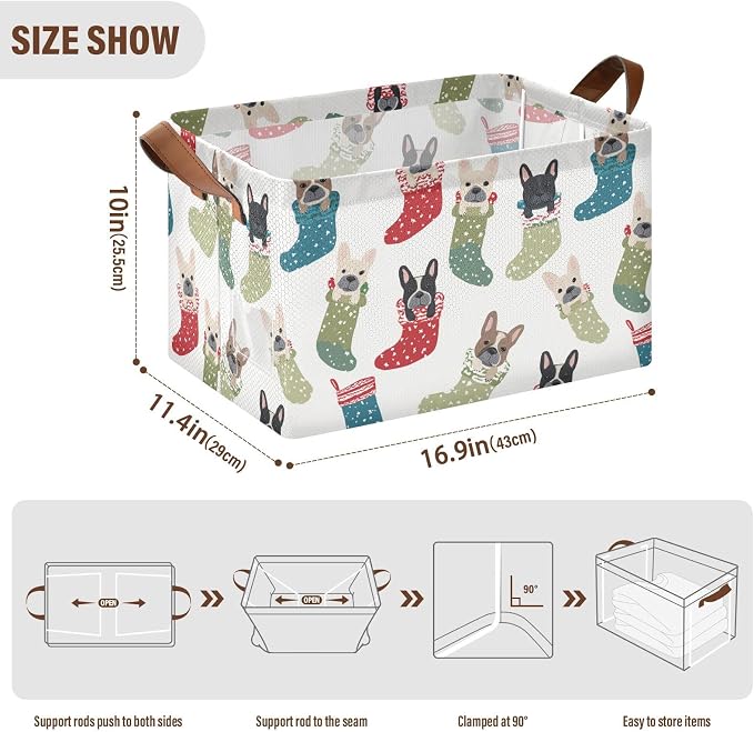 Cute Christmas French Bulldogs Storage Basket Foldable Cube Storage Bins with Handles&Label Waterproof Organizer Box Bin Large Rectangle Decorative Baskets for Shelves Home Room Laundry-2 Pack
