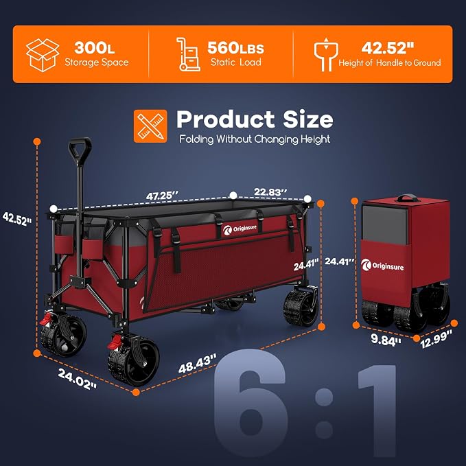 Originsure 300L Beach Wagon Cart Foldable with Big Wheels,560lbs,Grey&Red | 48" Folding Utility Wagon,7" All-Terrain Wheels,Heavy Duty Frame,Compact&Space-Saving,for Camping,Sports,Grocery,Garden