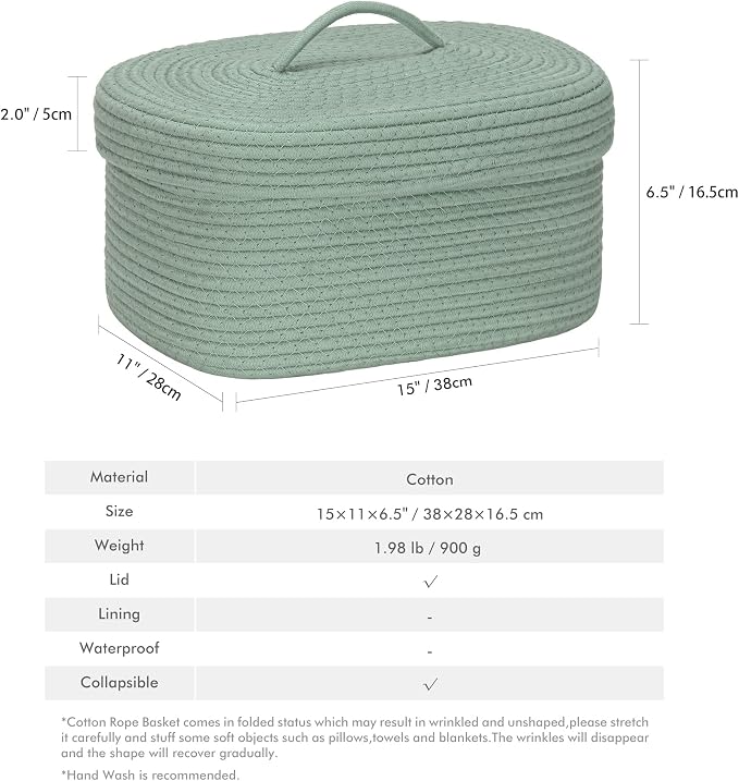 Sea Team Oval Storage Basket, Woven Cotton Rope Basket with Lid, Green | Decorative Knitted Storage Bin, Multi-Purpose Lidded Organizer for Closet Shelves, Nursery and Household Storage