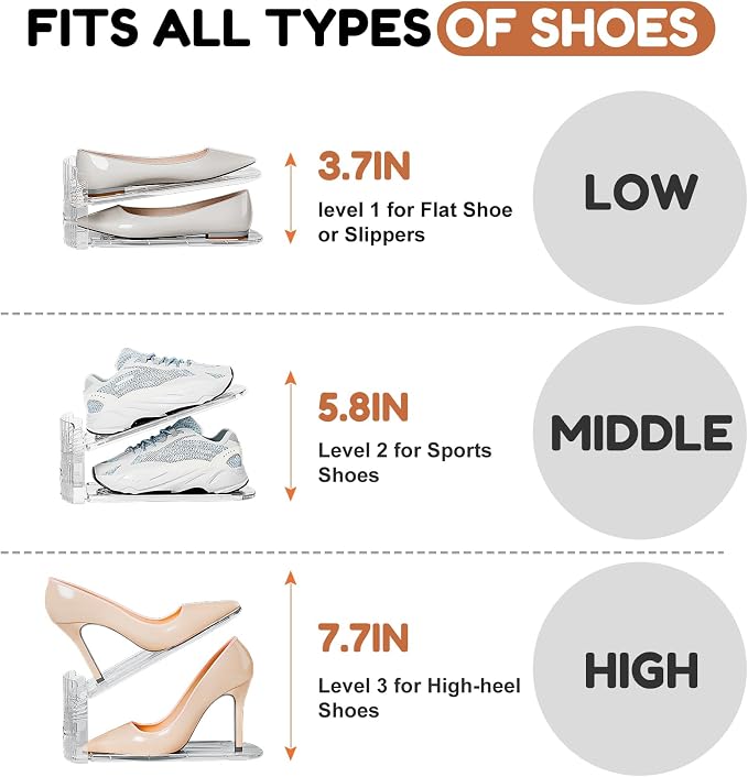 Shoe Stacker, Shoe Slot Organizer for Closet, Shoe Storage Rack | 12 Pack, Clear, 50% Space Saver, 3 Adjustable Height, Tool-Free Assembly, 30% Thicker, Superior Load Bearing