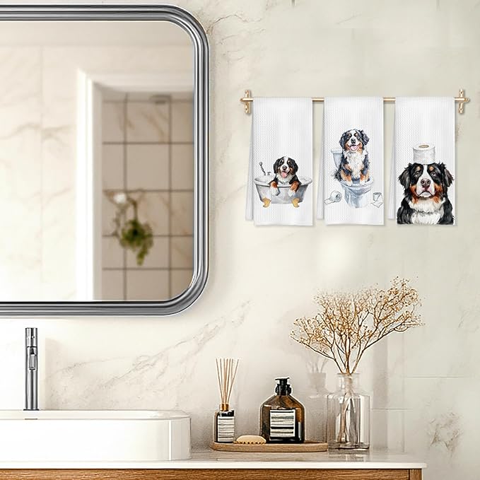 Funny Bernese Mountain Dog Bathroom Hand Towels Set of 3, Bernese Mountain Dog Gifts, 16x24 Inch Cotton Kitchen Cloths