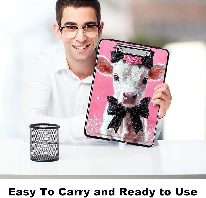 Heavy Duty Storage Clipboard, Slim Nursing Clipboard with Internal Pen Case, Portable File Organizer Case for A4 Letter Size Paper Office Medical Professionals, Pink Flower White Cow