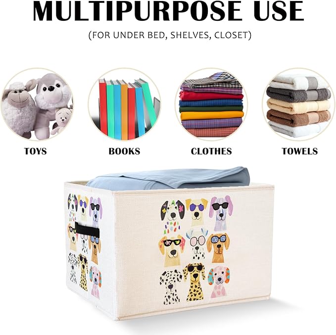 Dog Storage Basket Bins With Handles, Cute Colorful Dog Foldable Organizer Basket Toybox for Girls Kids Room Nursery Bedroom Bathroom Clothes Toys Books, Dogs Lover Gifts
