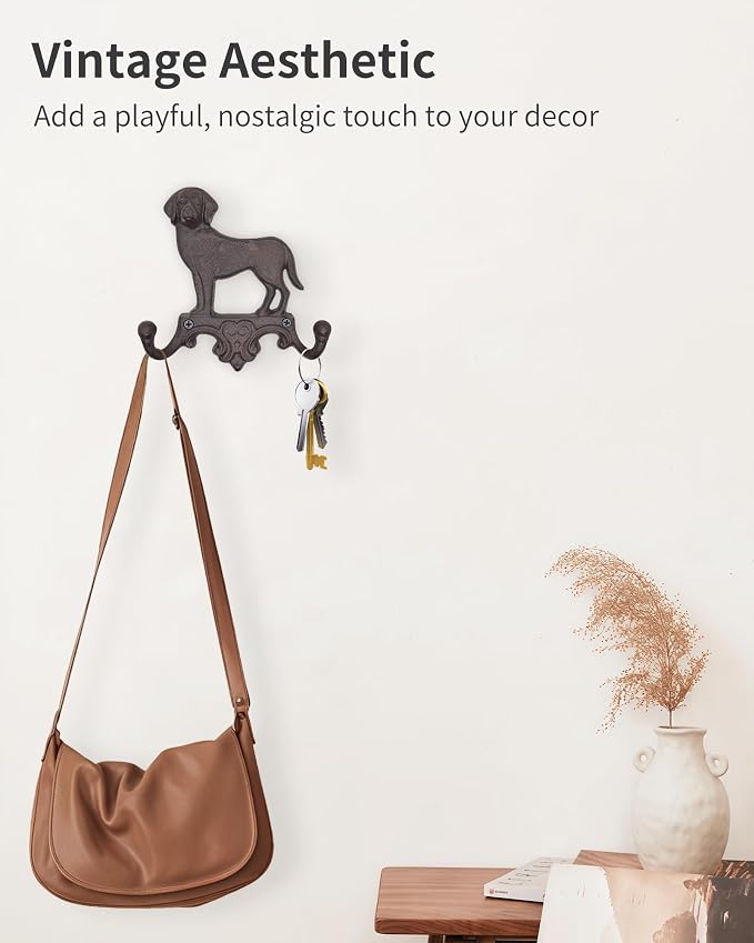 Cast Iron Dog Wall Hooks for Hanging, Heavy Duty Dog Leash Holder for Wall Mount Coat Hooks Decorative Key Hanger Vintage Farmhouse Entryway Cute Animal Decor Rustic Brown 1 Pack