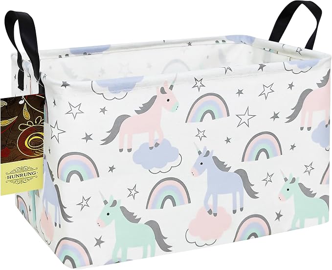 Rectangle Canvas Foldable Storage Basket for Nursery, Star Unicorn | Portable and collapsible cloth receptacle. Stores pet essentials, daily use items