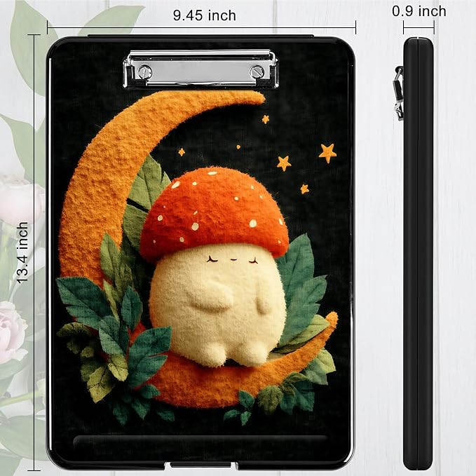 Heavy Duty Storage Clipboard, Slim Nursing Clipboard with Internal Pen Case, Portable File Organizer Case for A4 Letter Size Paper Office Medical Professionals, Orange Moon Mushroom