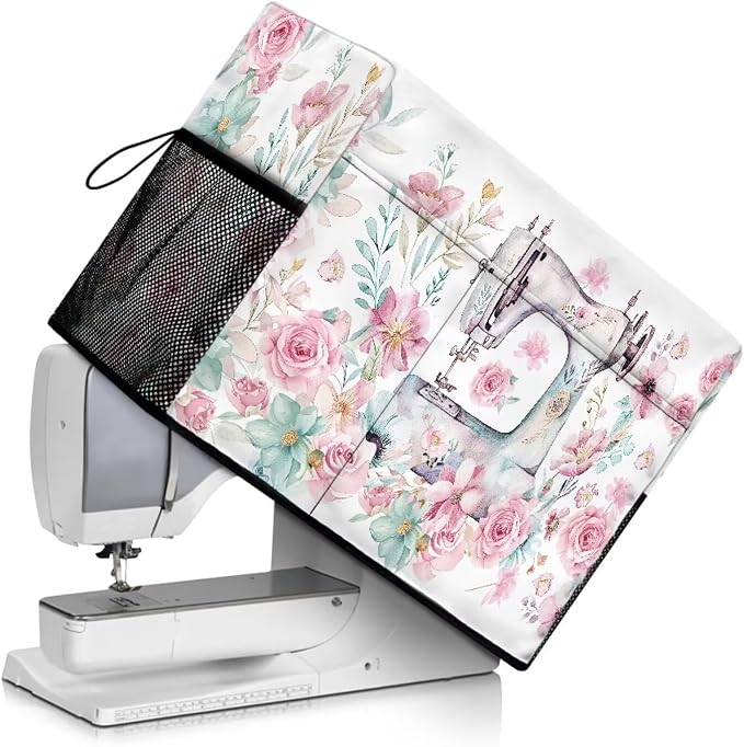 Sewing Flower Sewing Machine Cover with Storage Pockets,Dust & Pet Hair Protection,Fits Standard Singer, Brother and Janome Machines, Protecting & Decorating Your Sewing Space (Pink)