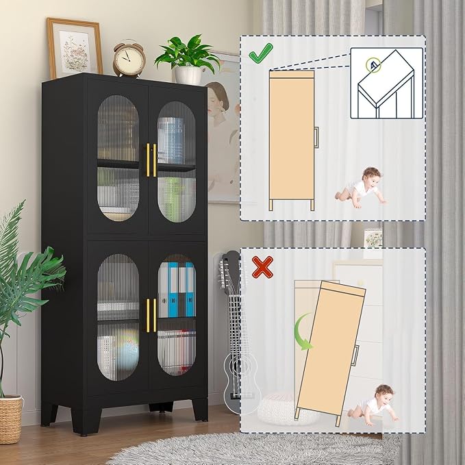 GAIOUS Black Kitchen Pantry Cabinet,Storage Cabinet with Acrylic Glass Door | and Adjustable Shelves, Metal Food Storage Cupboard, Tall Versatile Storage for Kitchen, Dining Room, Home Office and Bedroom
