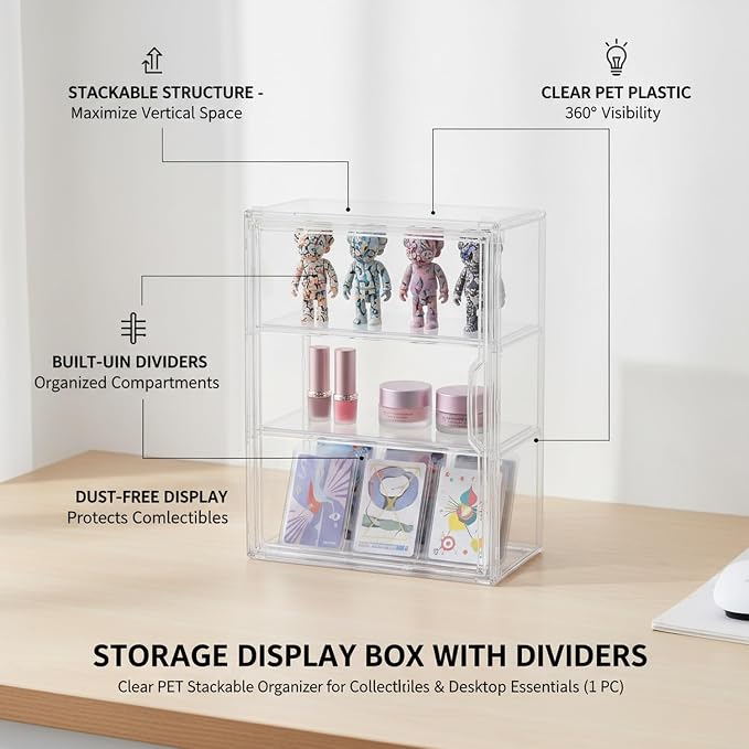 Clear PET Stackable Storage Box with Dividers, Transparent Display Organizer for Desktop Essentials