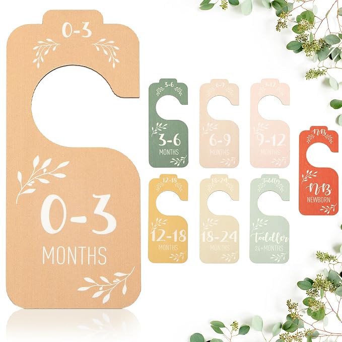 Giftacity 8-Piece Baby Closet Dividers for Clothes Size Hanger Organizer | Colorful Wooden Double-Sided, from Newborn to 24 Months for Baby Room Decor, Nursery Furniture Essentials, Baby Shower Gifts