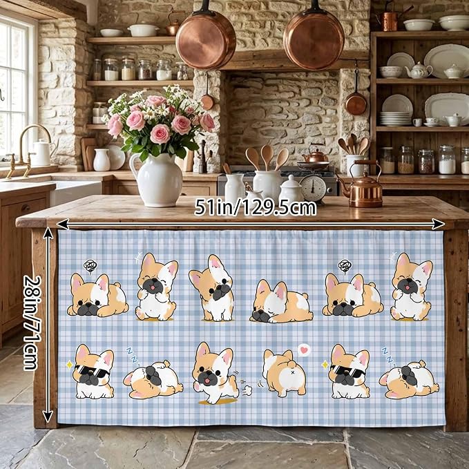Cute Puppy Cabinet Curtains 28"x51" Sink Skirt for Bathroom Kitchen, Blue Purple Plaid Modern Funny Dogs Pet Self Stick Adhesive Under Desk Covers Tall Laundry Cabinet Storage Organizer