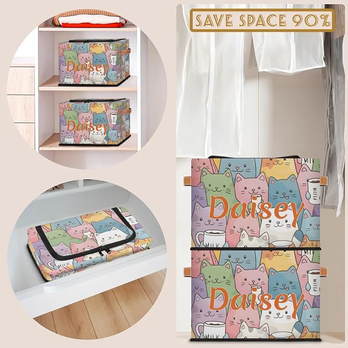 Custom Cute Cats Storage-Bin With Zipper Lid for Kids-Girls-Boys-Baby-Pet,Personalized Name Foldable Storage Box with Handle,Baby Basket With Label for Bedroom Nursery Toy Clothes,Multi
