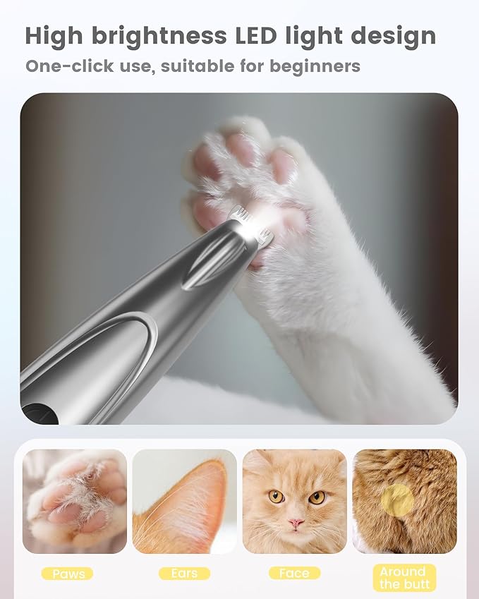 PAPMINI Dog Grooming Kit with LED Display, 35dB Ultra-Low Noise Dog Paw Trimmer, Cordless Hair Trimmer for Paws, Ears, Face, Rump with LED Light (Light Sliver)