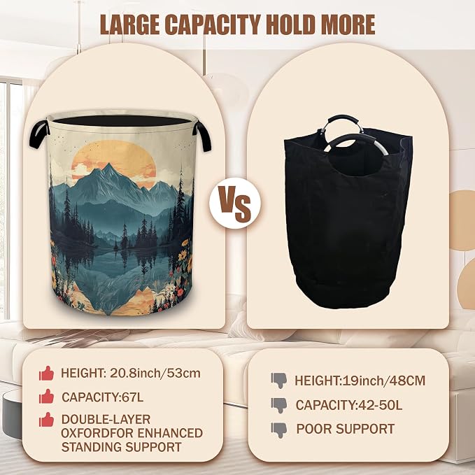 Mountain Sunset Lake Landscape Laundry Basket, Collapsible Waterproof Oxford Laundry Hamper with Handles, Clothes Storage Bin Toy Organizer for Bathroom/Bedroom/Dorm 16 x 20.8 Inch
