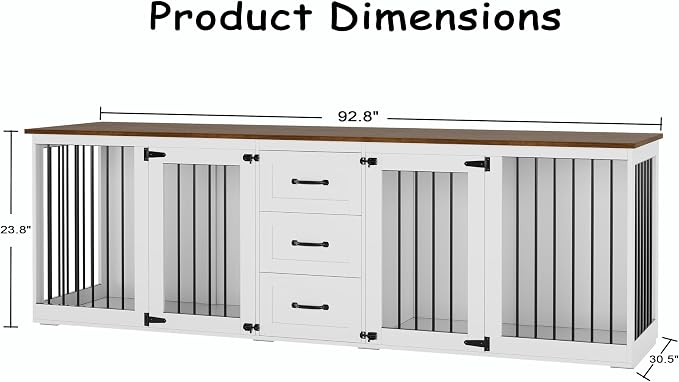 92.8" Furniture Style Dog Crate, Double Dog Crate Furniture | 3 Storage Drawers, Dog Kennel Indoor, for Med-Large Dogs, Farmhouse Dog Crate TV Stand with Divider, White Brown