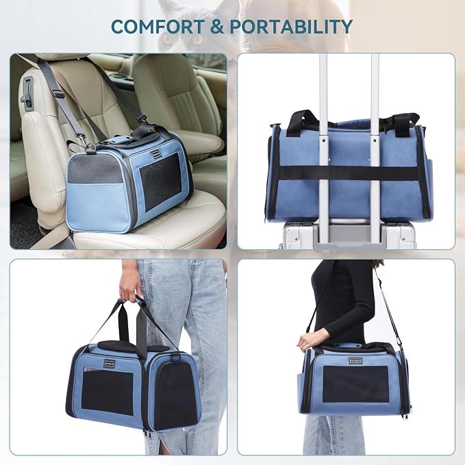 PETSFIT Pet Carrier, Blue, Small and Medium Cats, Puppies Up to 12 Lbs | Dog Carrier, Airline Approved, Collapsible Soft Sided, TSA Approved, Cat Travel Carrier