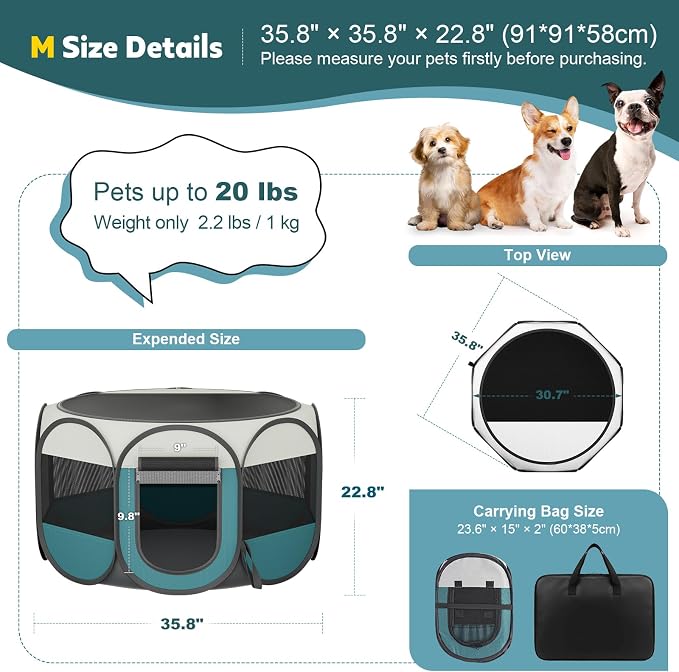 Portable Pet Playpen for Cat Dog: Foldable Cat Play Pen Enclosed Pet 20lbs | Medium 600D Oxford Mesh Small Puppy Kitten Pop Up Kennel Collapsible Carry Bag Waterproof Base Indoor Outdoor Travel Camping