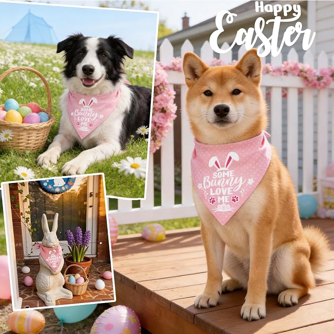 Easter 2-in-1 Dog Bandana with Egg-Stra Cute & Some Bunny Love Me Lovely Saying, Pink Pet Holiday Costumes Scarf with Snap Button, Small to Medium Breeds (5-30lbs)