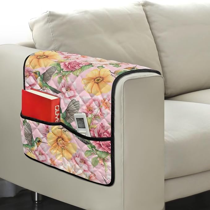 Hummingbird Pattern Sofa Armrest Covers Non-Slip Arm Rest Covers Washable Couch Arm Cover with 2 Pockets Dustproof Furniture Protector for Living Room Decoration