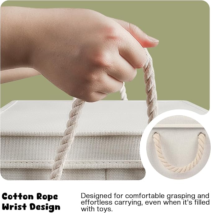 Dog Toy Basket with Double-Open Lid, Divided Dogs Basket for Toys, Collapsible Pet Toy Box, Dog Storage Organizer with 2 Divided Area, Puppy Toys Baskets with Rope Handles, Beige
