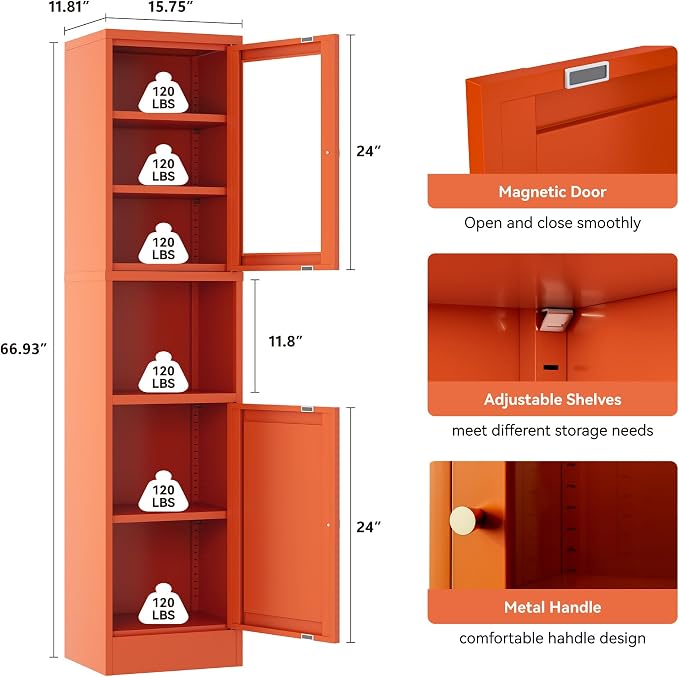 YAUWOH 2-Door Metal Storage Cabinet, Tall Slim Pantry Organizer with 3 Adjustable Shelves (120LBS/Shelf), Anti-Tipping Waterproof Cabinet for Bathroom/Kitchen/Home Office/Small Spaces,(1PC,Orange)