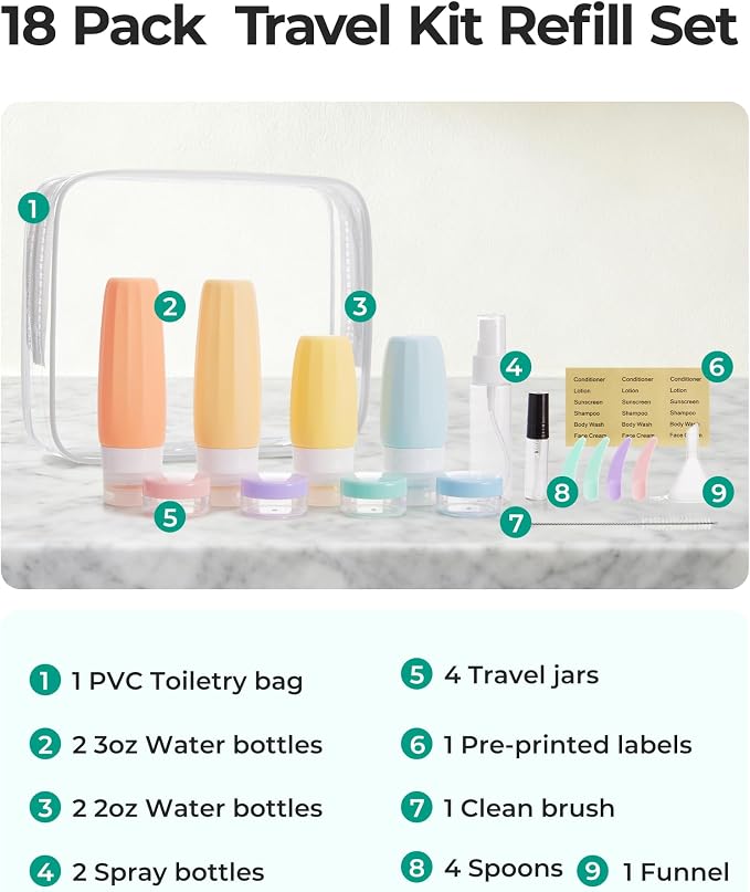 BAGSMART 18 Pack TSA Approved Travel Bottles for Toiletries, Leak Proof Silicone Travel Size Containers Bottles for Shampoo, Soft Pastel