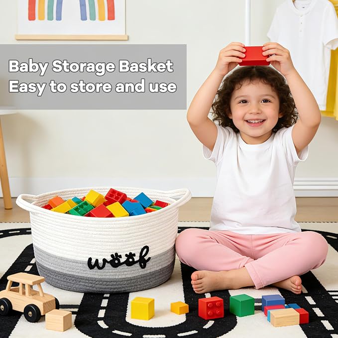 Dog Toy Basket Cute Basket for Baby, Woven Basket Toy Box and Bin for Pet Cat, 15" X 10" X 9" (22L) Large Rope Basket for Blanket Storage, Living Room, Bedroom, White Gray