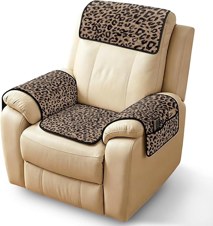 Leopard Print Recliner Chair Covers Non Slip 4 Piece Stylish | Cheetah Quilted Recliner Chair Protectors Slipcover with Side Pockets,Washable Furniture Covers for Recliners And Armchairs