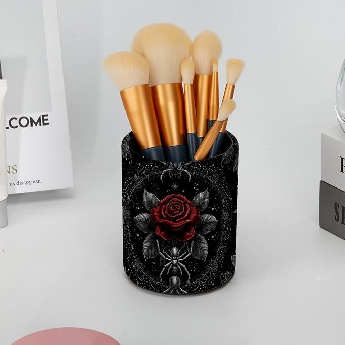 Faux Leather Pen Holder for Desk, Pencil Organizer Rose and Spider Pen Cup Desk Decor Makeup Brush Holder Storage for Office Home