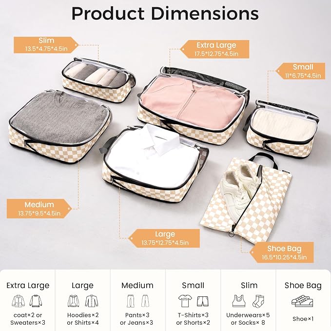 BAGAIL 4 Set/6 Set/8 Set Compression Packing Cubes Travel Accessories Expandable Packing Organizers (Half Mesh, 6-Khaki Checkered)