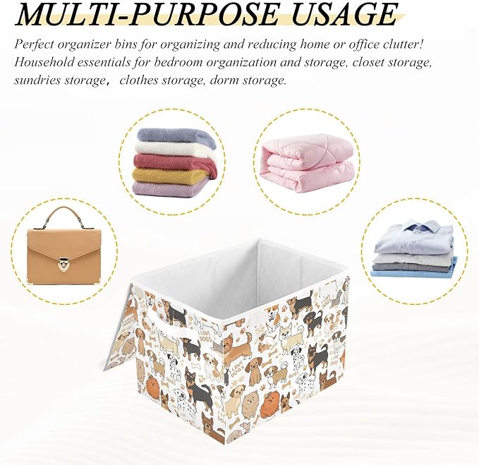 Cute Dog Fabric Storage Bins with Lids and Carrying Handle Foldable Storage Boxe
