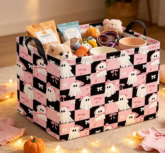 Rectangle Storage Basket with Handles,Collapsible Storage Bin,Gift Basket(Pink Check Halloween)