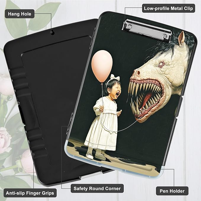 A4 Clipboard with Storage Pen Holder, Clipboards Organizer Nursing Clipboard Foldable File Folder Plastic Clipboard Folio Clip Board for Office Work Classroom Doctor, Girl Horse