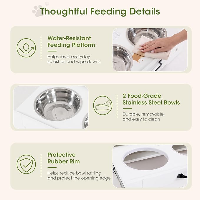 Dog Feeding Station with Storage Cabinet, White Wood Dog Cabinet with 2 Elevated Stainless Steel Bowls, Hidden Pull-Out Feeder Drawer, Pet Feeding Station for Kitchen and Living Room