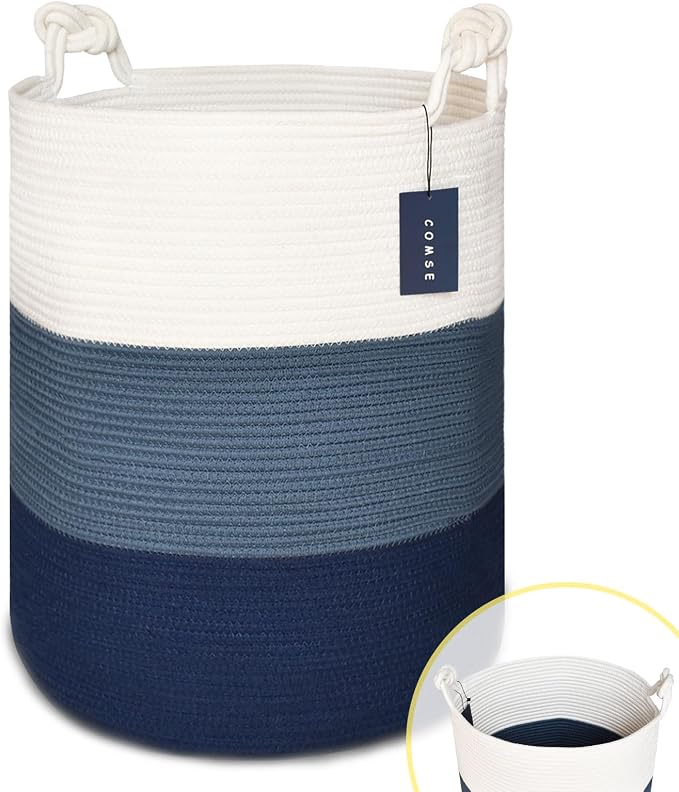 COMSE Tall Woven Blanket & Laundry Basket, 72L, White & Blue | 15.7”x 21.7”, Cotton Rope, Large Nursery Hamper for Storage of Toys Clothes Towels, Great for Living Rooms Bedrooms Bathrooms